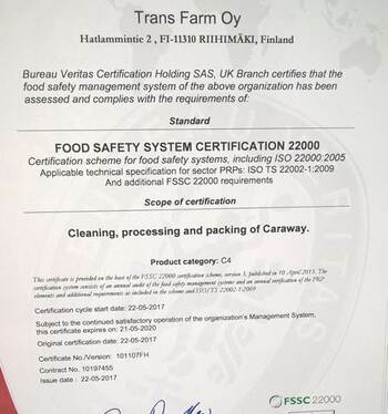 Trans Farmille FSSC 22000 -sertifikaatti
